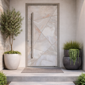 PUERTA PIVOTANTE CHAMPAGNE TRAVERTINO CON APLIQUES DECORATIVO